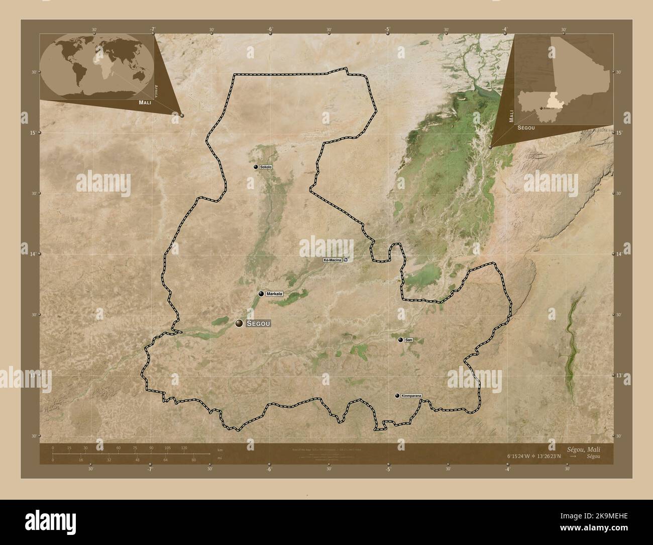 Ségou, région du Mali. Carte satellite basse résolution. Lieux et noms des principales villes de la région. Cartes d'emplacement auxiliaire d'angle Banque D'Images