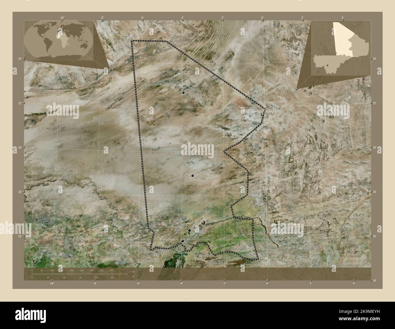 Tombouctou, région du Mali. Carte satellite haute résolution. Lieux des principales villes de la région. Cartes d'emplacement auxiliaire d'angle Banque D'Images