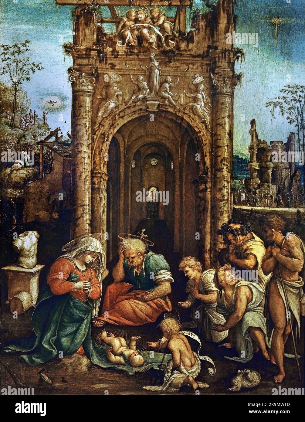 Adoration des bergers - Amico Asperasi Asperasi 1474 – 1552 également appelé Amerigo Asperasi, est un peintre italien de la Renaissance 15th siècle Italie italienne, adoration des bergers, Nativité de Jésus, bergers , témoins de la naissance , Jésus à Bethléem, Noël Banque D'Images