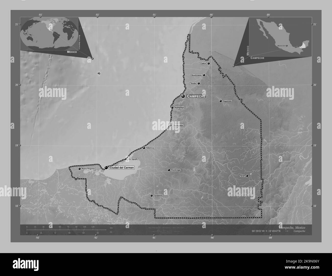 Campeche, État du Mexique. Carte d'altitude en niveaux de gris avec lacs et rivières. Lieux et noms des principales villes de la région. Emplacement auxiliaire du coin Banque D'Images