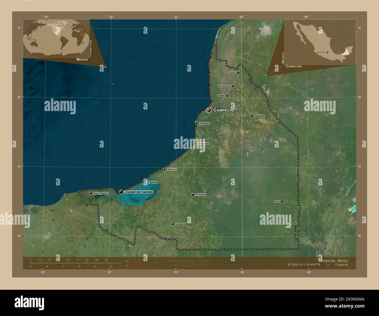 Campeche, État du Mexique. Carte satellite basse résolution. Lieux et noms des principales villes de la région. Cartes d'emplacement auxiliaire d'angle Banque D'Images