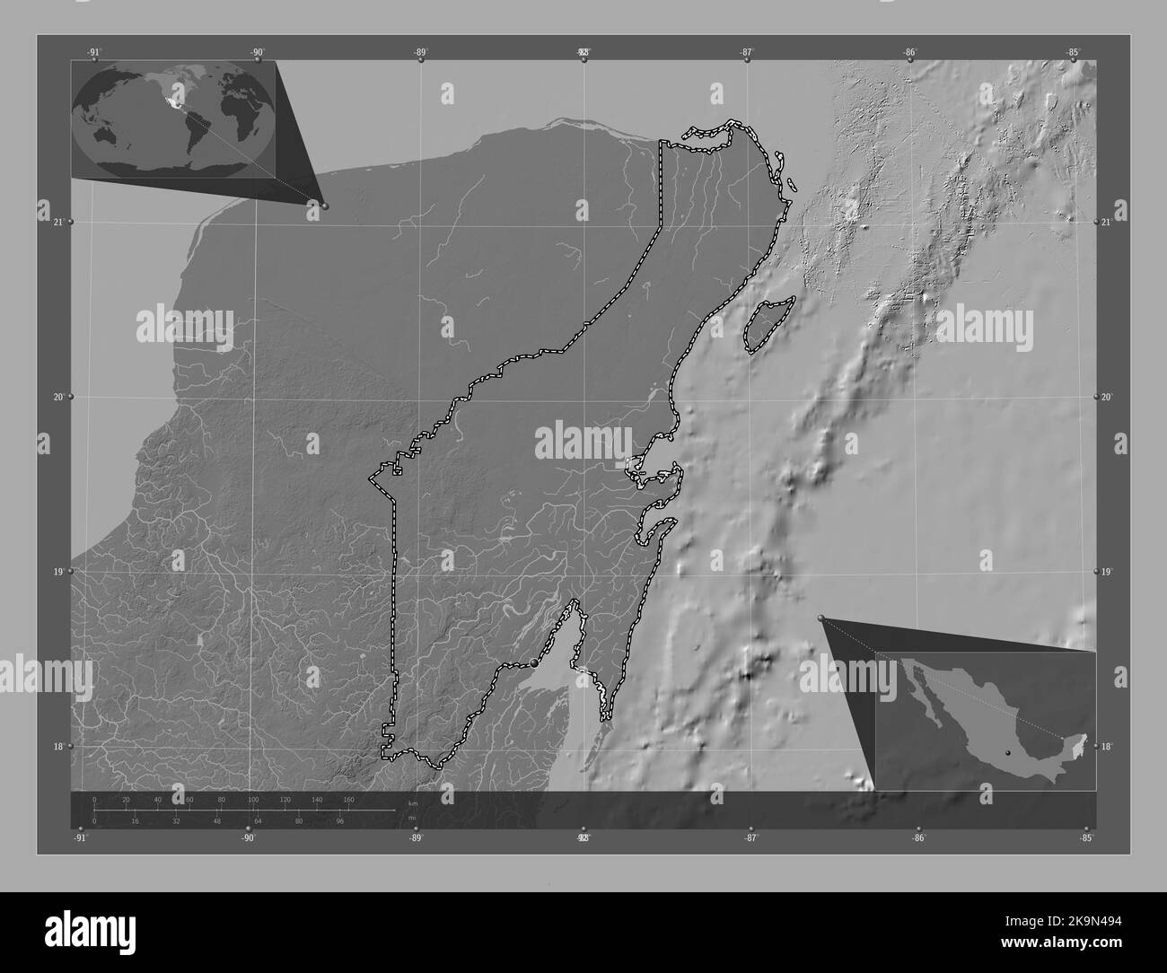 Quintana Roo, État du Mexique. Carte d'altitude à deux niveaux avec lacs et rivières. Cartes d'emplacement auxiliaire d'angle Banque D'Images