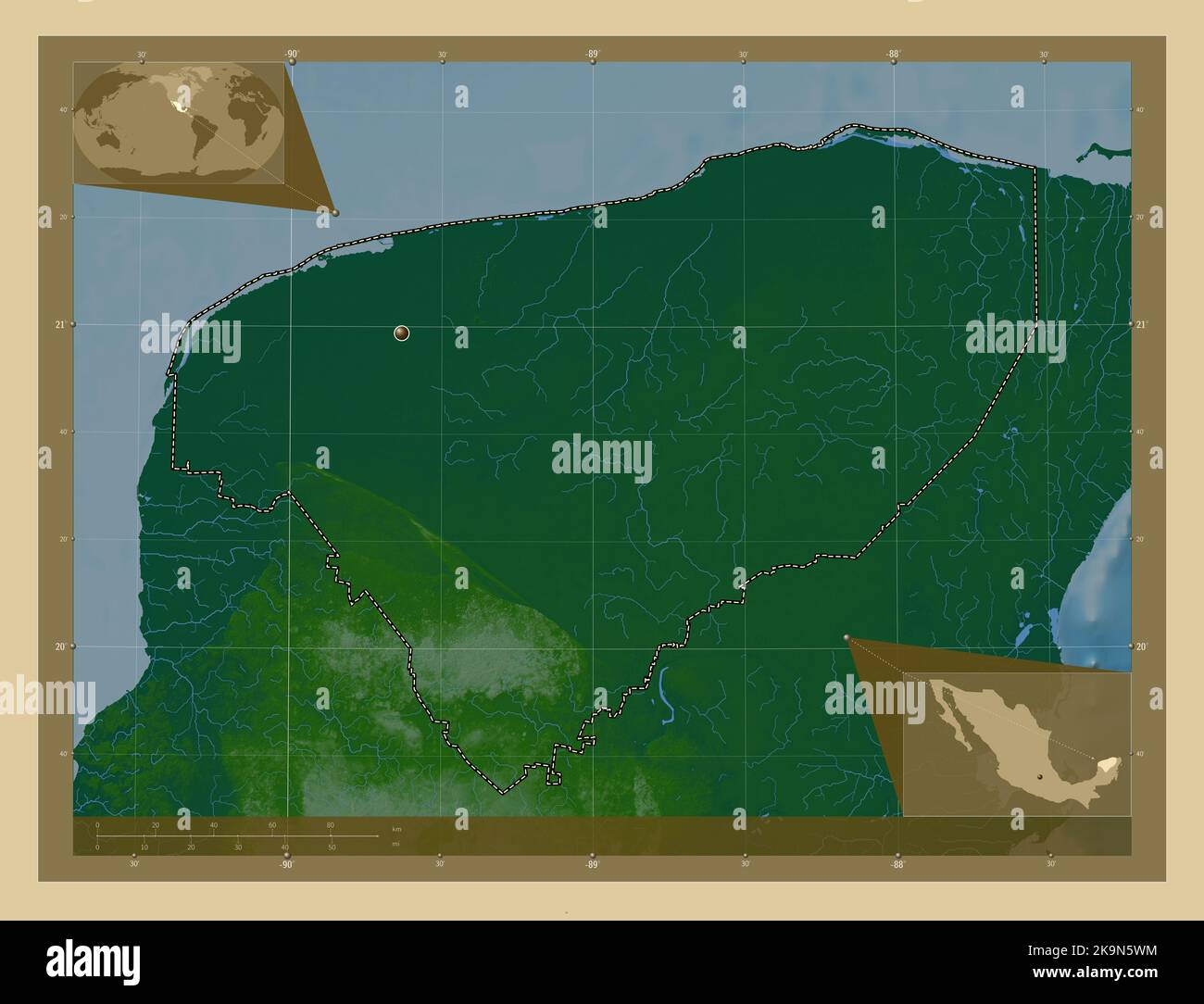 Yucatan, État du Mexique. Carte d'altitude en couleur avec lacs et rivières. Cartes d'emplacement auxiliaire d'angle Banque D'Images