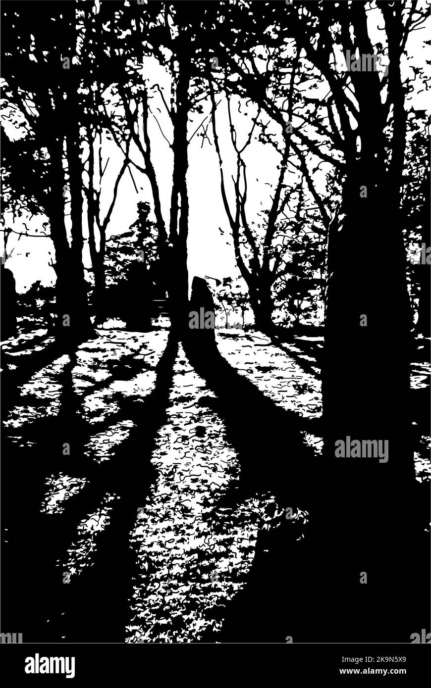 Bois sombre avec des pierres anciennes, de lourdes ombres longues venant du soleil perçant l'obscurité de la forêt. Illustration de Vecteur