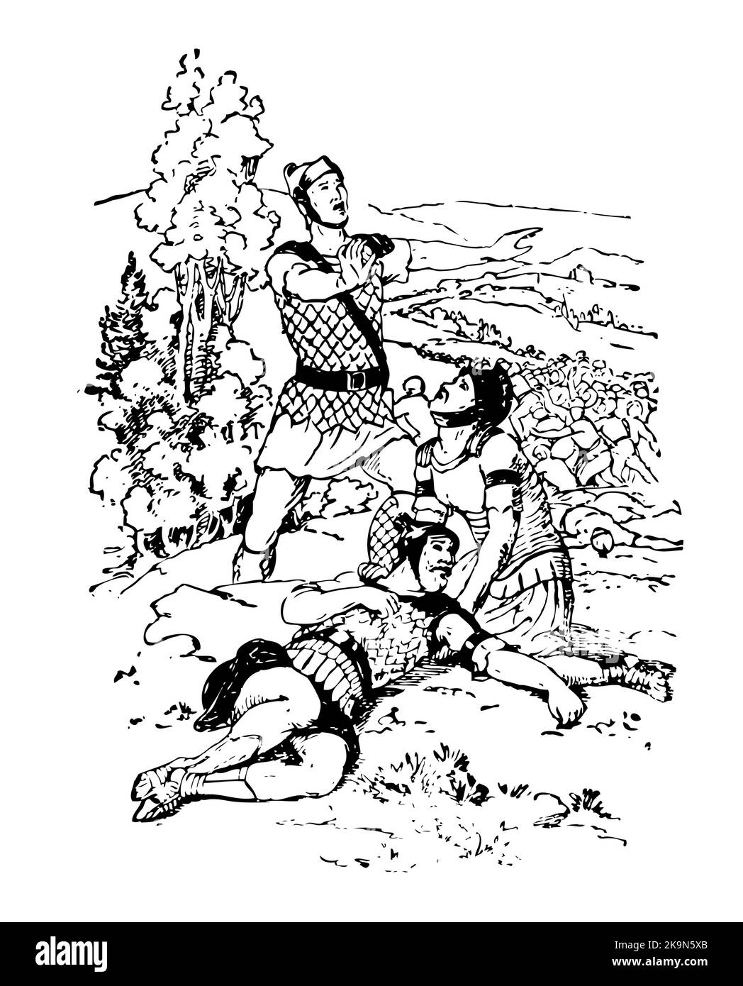 Soldat romain debout sur le corps, un autre soldat s'agenouillant. Judas Iscariot, mort de Judas, temps anciens, dessin d'art de ligne vintage, Illustration de Vecteur