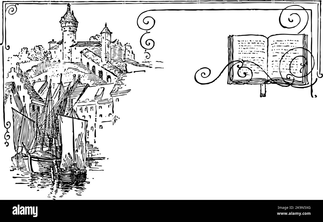 Ville avec château sur les bateaux de colline dans le port, cadre pour le texte avec livre au coin Illustration de Vecteur