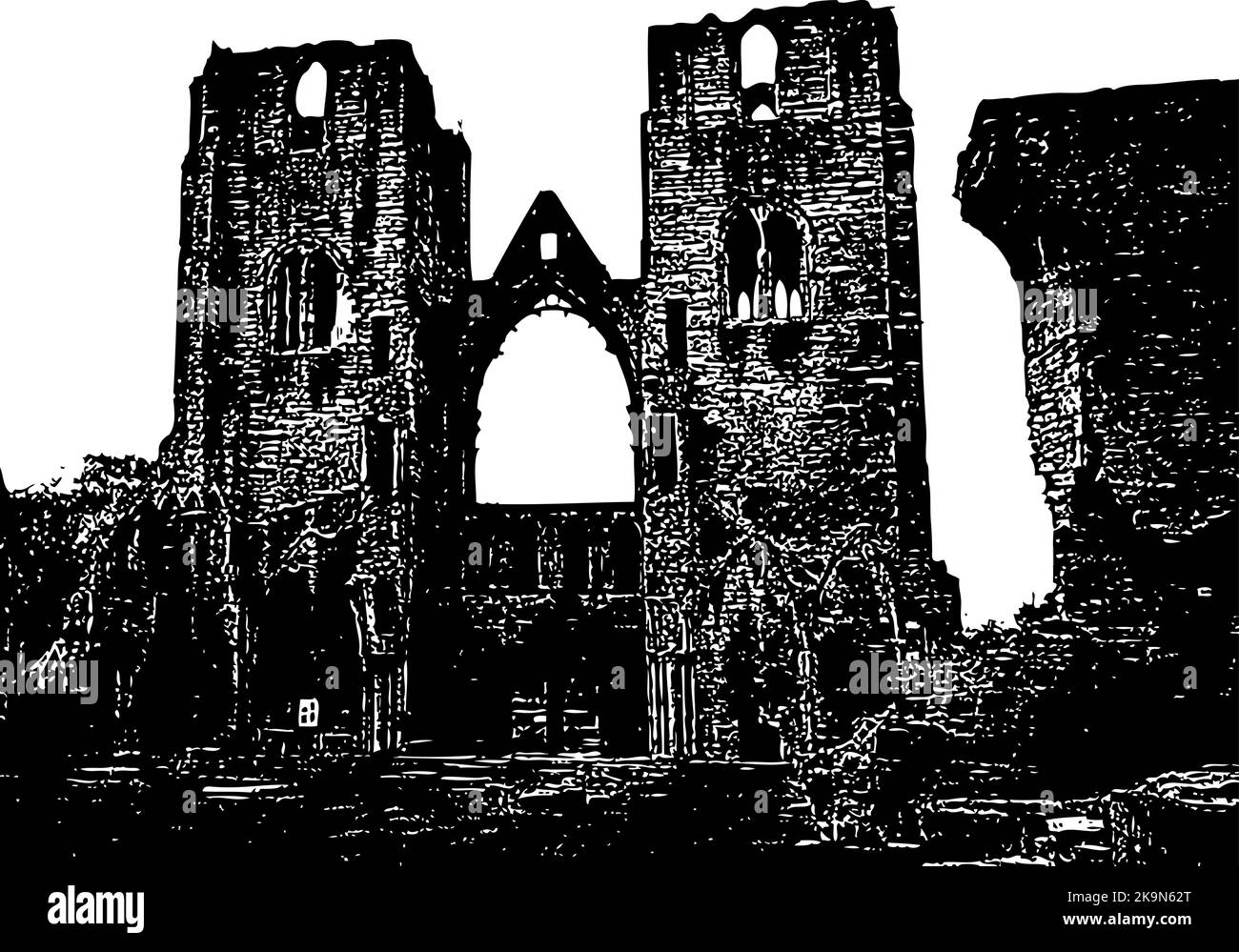 Ruines anciennes de la vieille église avec tours et entrée. Illustration noir et blanc à contraste élevé. Elgin Illustration de Vecteur