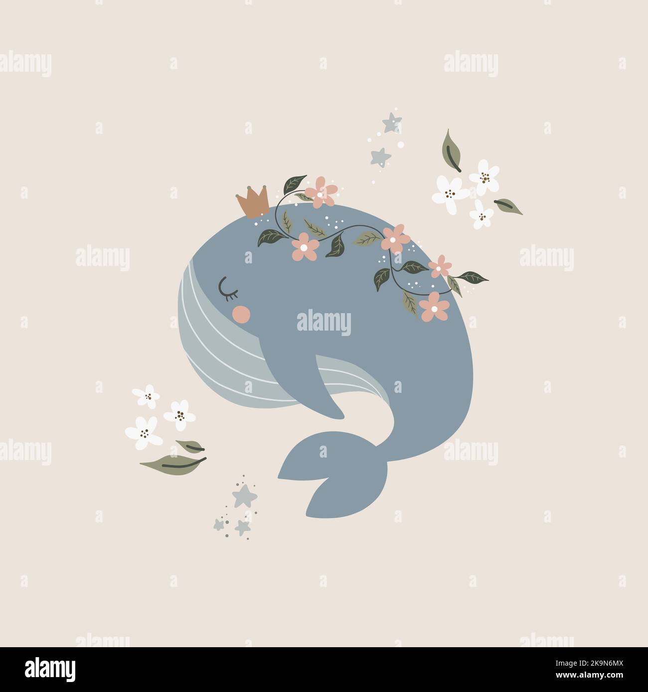 Illustration vectorielle en couleur dessinée à la main pour enfants, affiche, imprimé avec une jolie baleine de style scandinave. Petits animaux mignons. Illustration de Vecteur