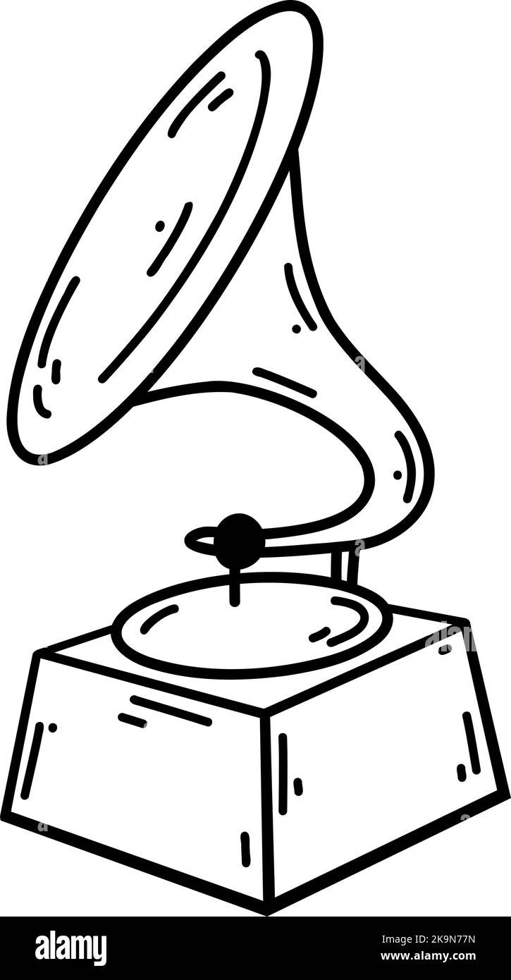 Gramophone rétro Doodle. Dessin vectoriel illustration d'instrument de musique, dessin de fond noir pour web design, icône, impression, page de coloriage. Illustration de Vecteur