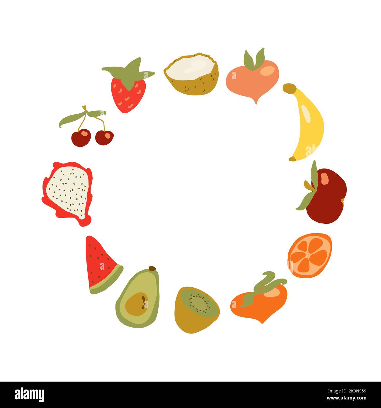 Carte mignonne à la main avec image de fruit drôle. Banane, pitaya, tranche de pastèque, kiwi, avocat, pêche, fraise, cerise, noix de coco, pomme et fruits de pêche Illustration de Vecteur