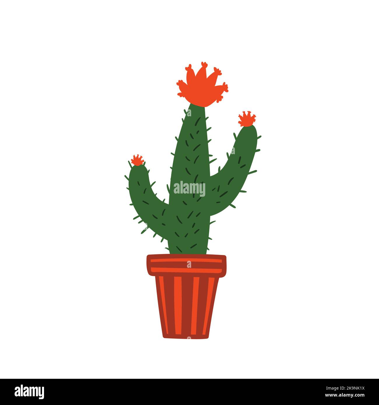 Plante de maison en pot floral ou en jardinière. Illustration vectorielle. Cactus verts aux fleurs rouges. Illustration de Vecteur