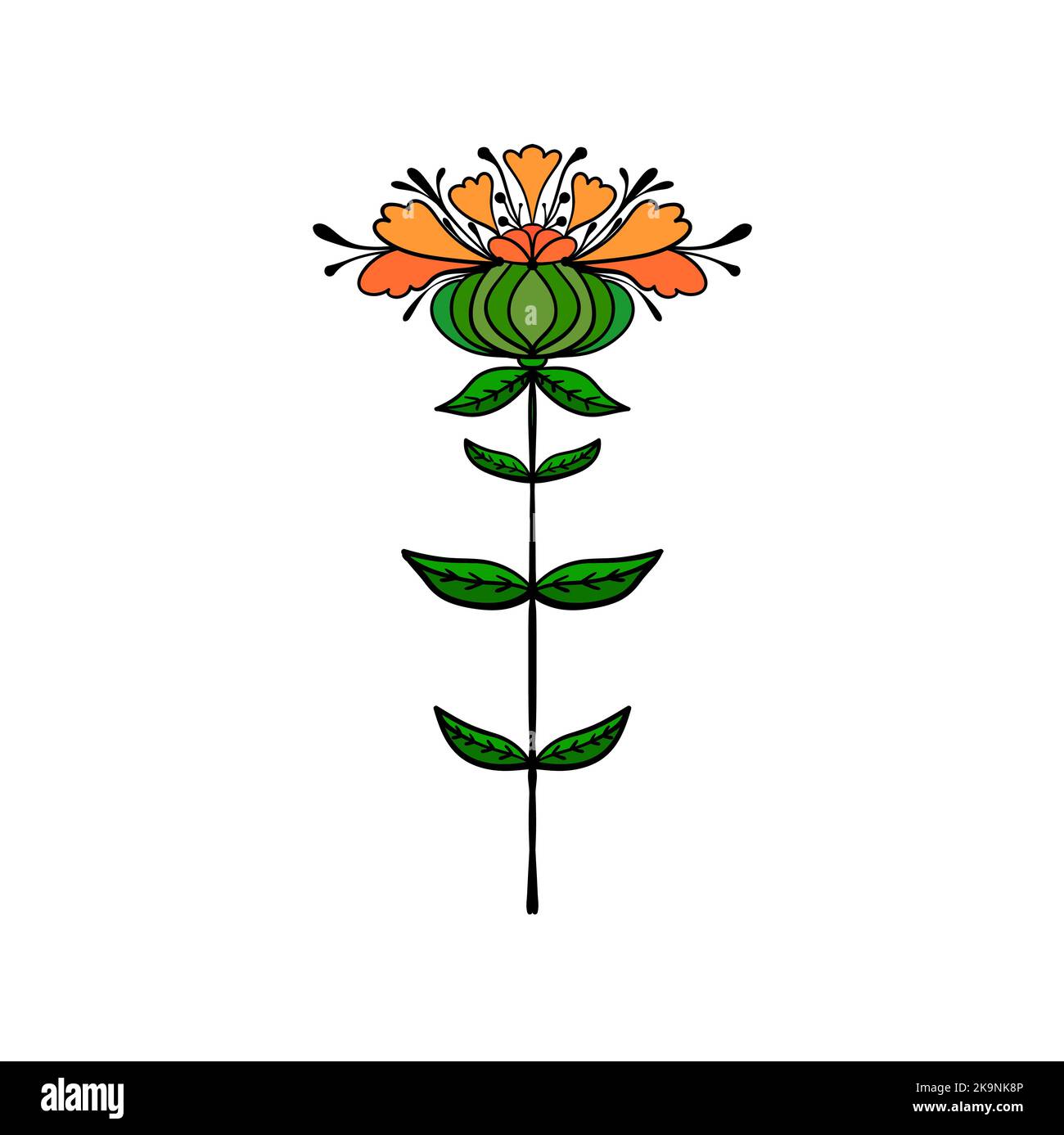 Fleur symétrique de style ethnique. Été, élément floral décoratif pour cartes, affiche, album, dessin textile Illustration de Vecteur