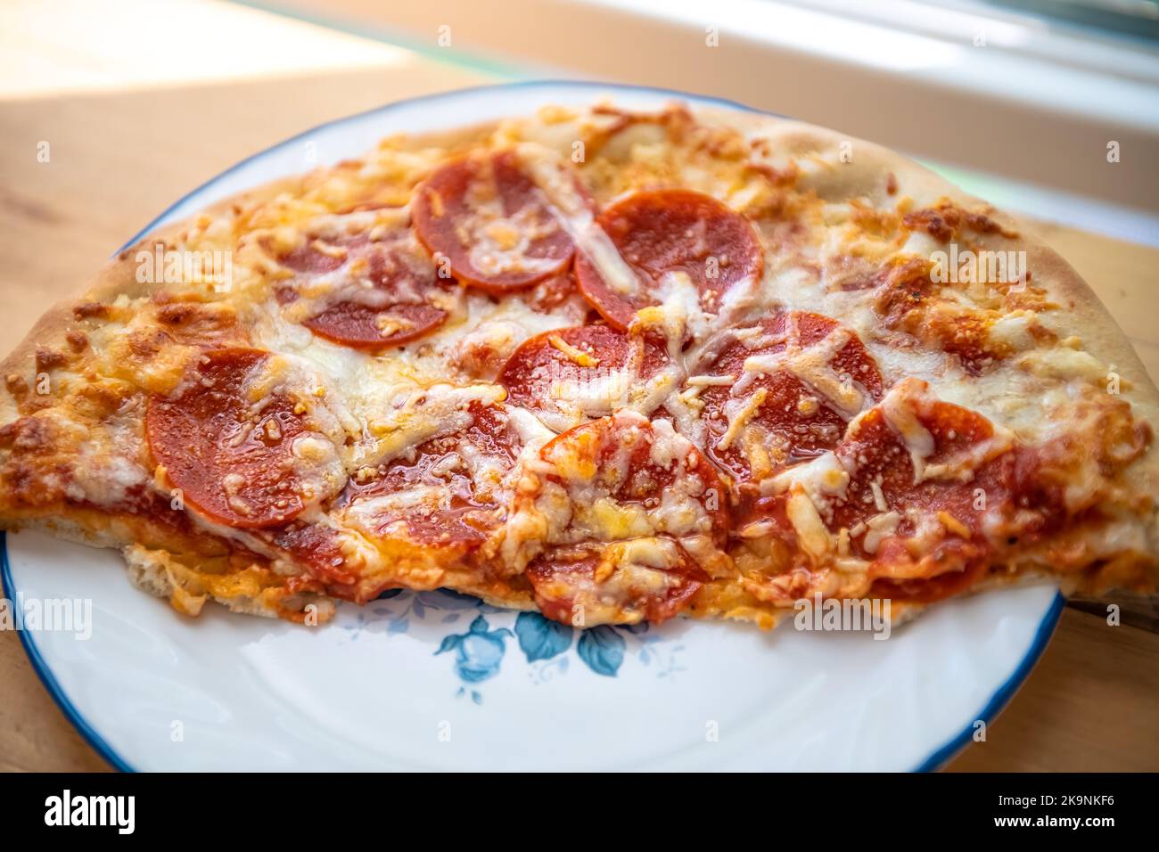 Macro-gros plan de pizza fraîche à croûte mince sur plaque blanche avec fromage mozzarella fondu, tranches de viande de pepperoni d'aliments gras malsains Banque D'Images