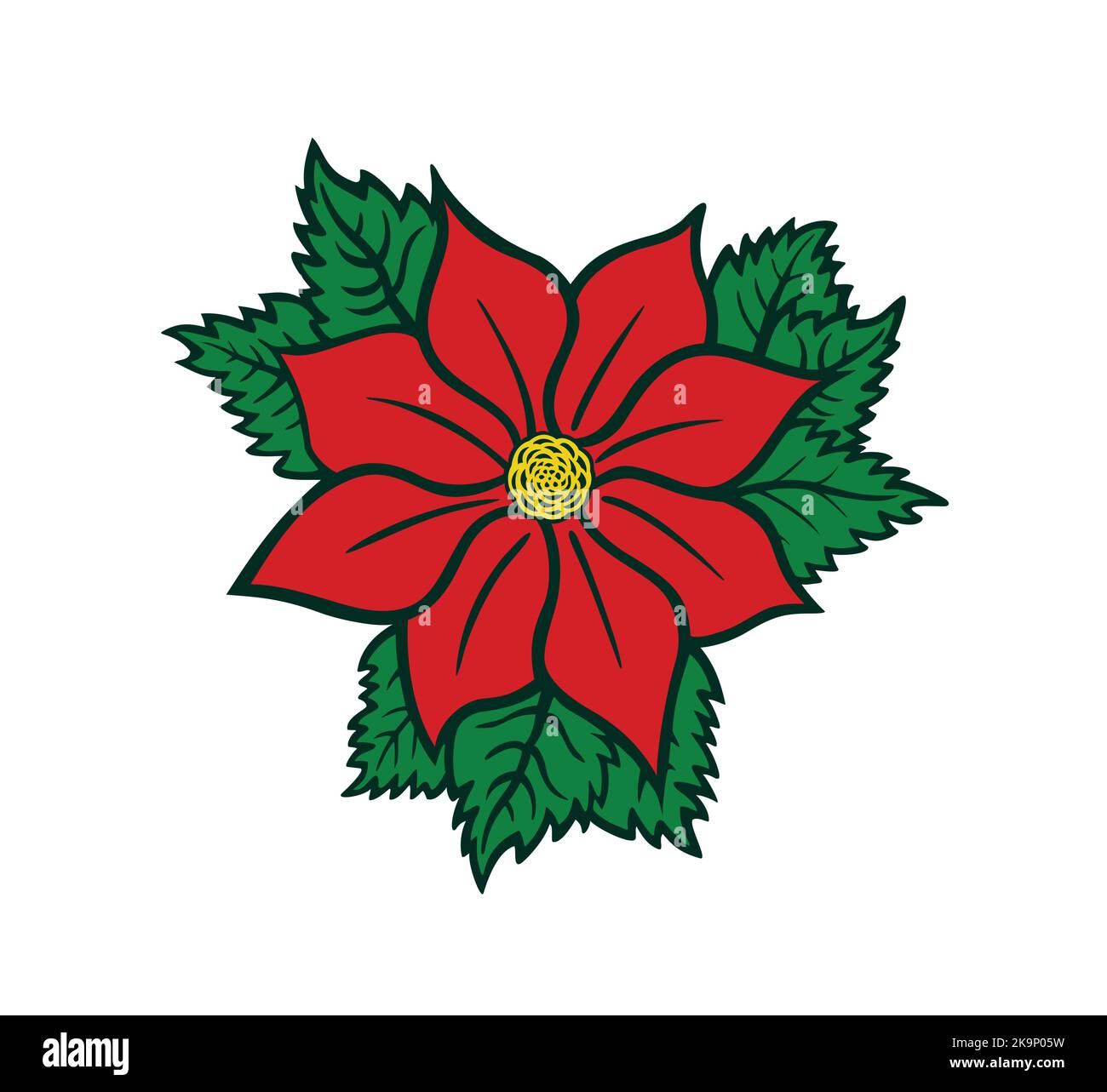 Illustration du vecteur de fleur rouge de poinsettia. Décoration de Noël avec fleur de poinsettia et feuilles de houx. Elément de conception de Noël isolé sur blanc. Illustration de Vecteur