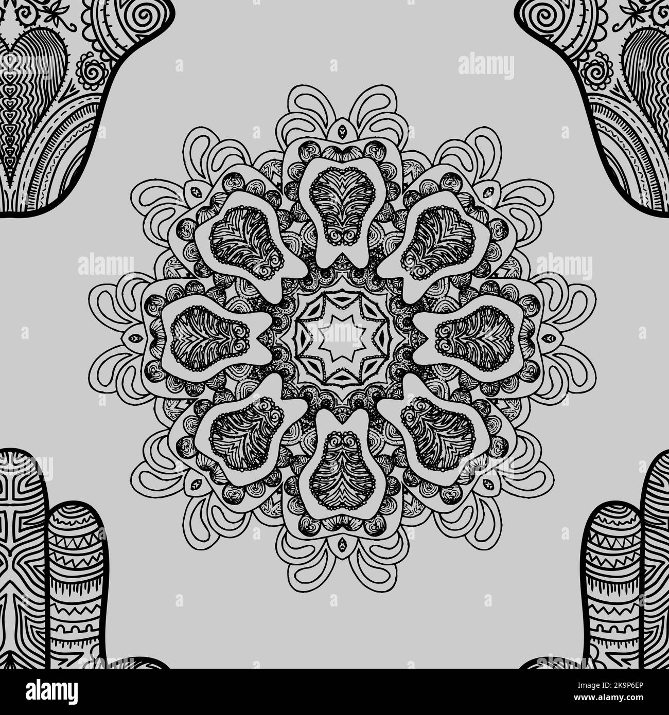 Motif sans couture avec mandalas et hamsa. Tatouage au henné de Hamsa avec ornement ethnique. Illustration de Vecteur