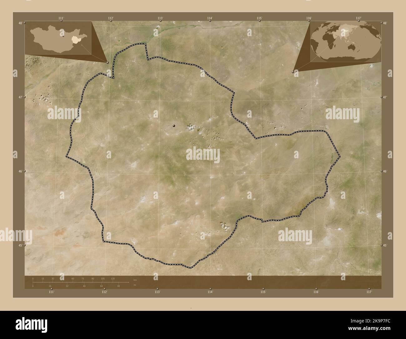Suhbaatar, province de Mongolie. Carte satellite basse résolution. Lieux des principales villes de la région. Cartes d'emplacement auxiliaire d'angle Banque D'Images