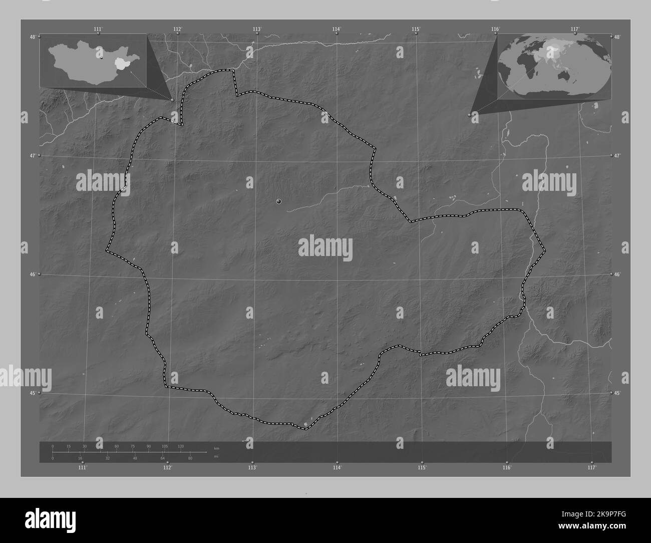Suhbaatar, province de Mongolie. Carte d'altitude en niveaux de gris avec lacs et rivières. Cartes d'emplacement auxiliaire d'angle Banque D'Images