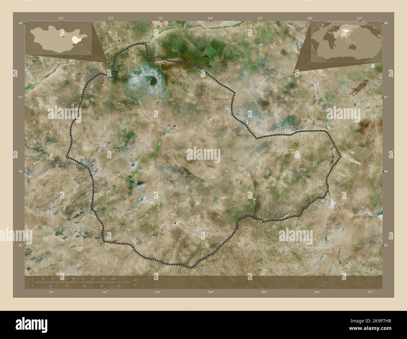 Suhbaatar, province de Mongolie. Carte satellite haute résolution. Lieux des principales villes de la région. Cartes d'emplacement auxiliaire d'angle Banque D'Images