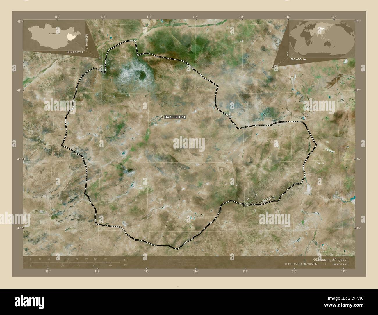Suhbaatar, province de Mongolie. Carte satellite haute résolution. Lieux et noms des principales villes de la région. Cartes d'emplacement auxiliaire d'angle Banque D'Images