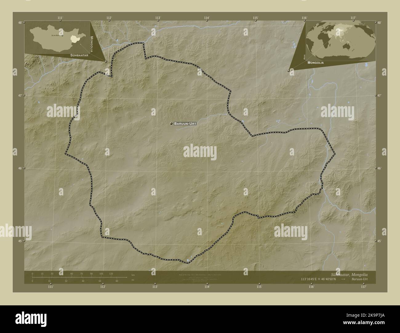 Suhbaatar, province de Mongolie. Carte d'altitude colorée en style wiki avec lacs et rivières. Lieux et noms des principales villes de la région. Coin Banque D'Images
