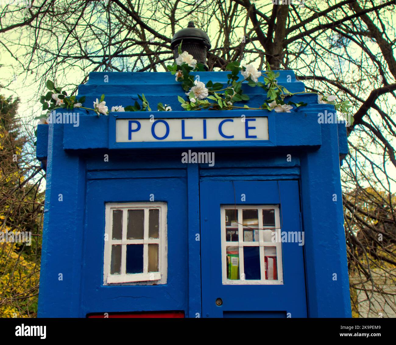 Téléphone de police bleu TARDIS avec guirlande de fleurs Banque D'Images