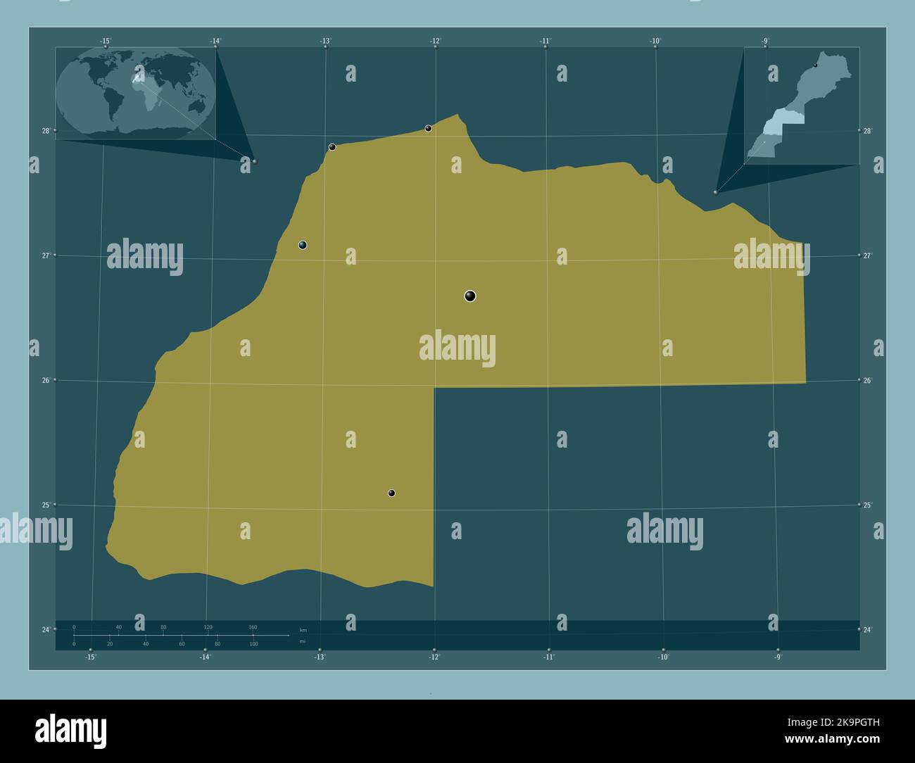 Laayoune-Sakia El Hamra, région du Maroc. Forme de couleur unie. Lieux des principales villes de la région. Cartes d'emplacement auxiliaire d'angle Banque D'Images