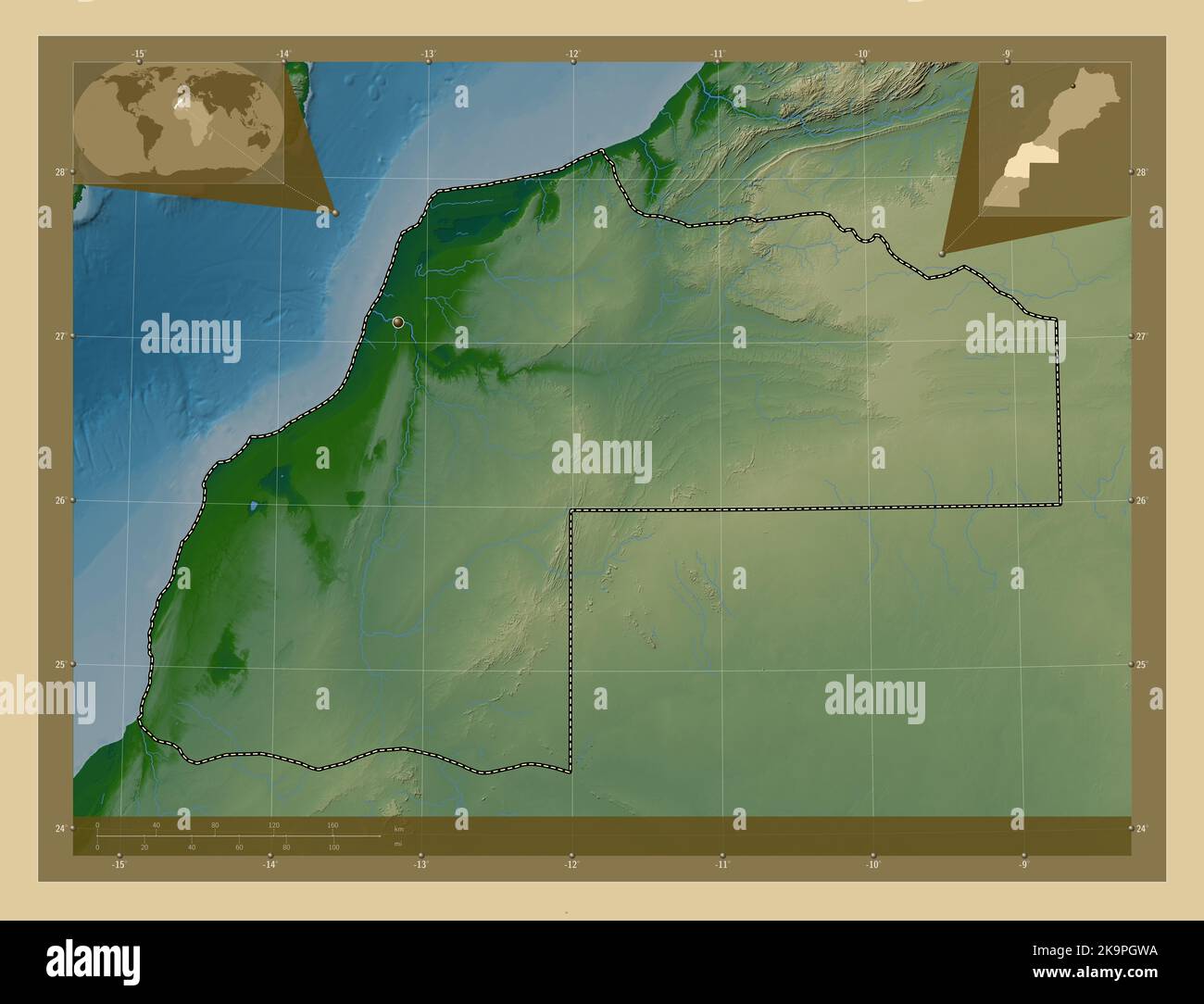 Laayoune-Sakia El Hamra, région du Maroc. Carte d'altitude en couleur avec lacs et rivières. Cartes d'emplacement auxiliaire d'angle Banque D'Images