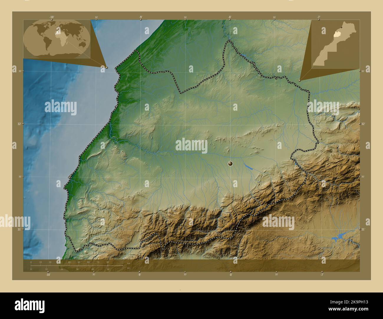 Marrakech-Safi, région du Maroc. Carte d'altitude en couleur avec lacs et rivières. Cartes d'emplacement auxiliaire d'angle Banque D'Images