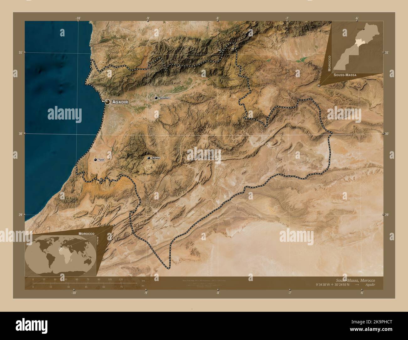 Souss-Massa, région du Maroc. Carte satellite basse résolution. Lieux et noms des principales villes de la région. Cartes d'emplacement auxiliaire d'angle Banque D'Images