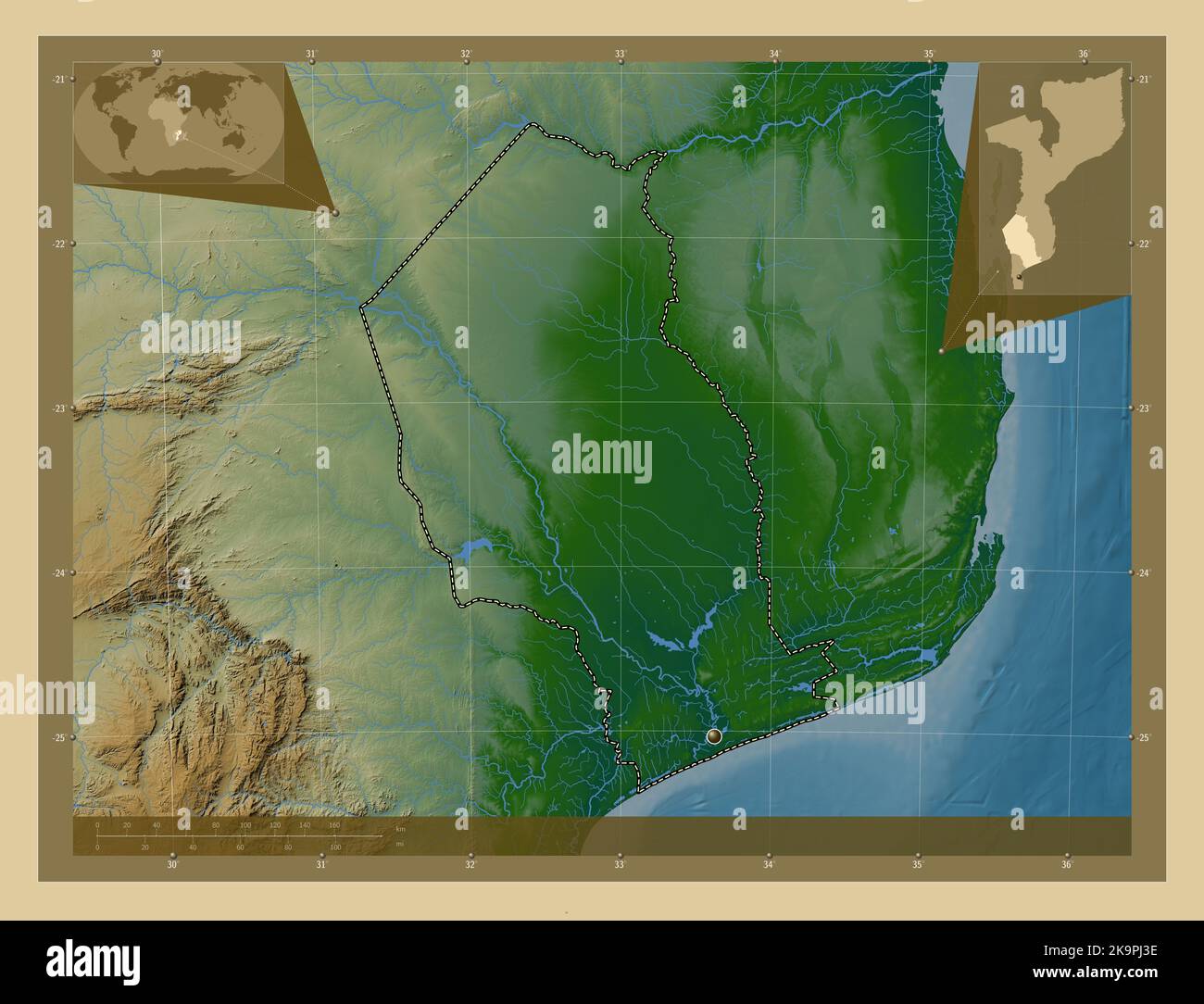 Gaza, province du Mozambique. Carte d'altitude en couleur avec lacs et rivières. Cartes d'emplacement auxiliaire d'angle Banque D'Images