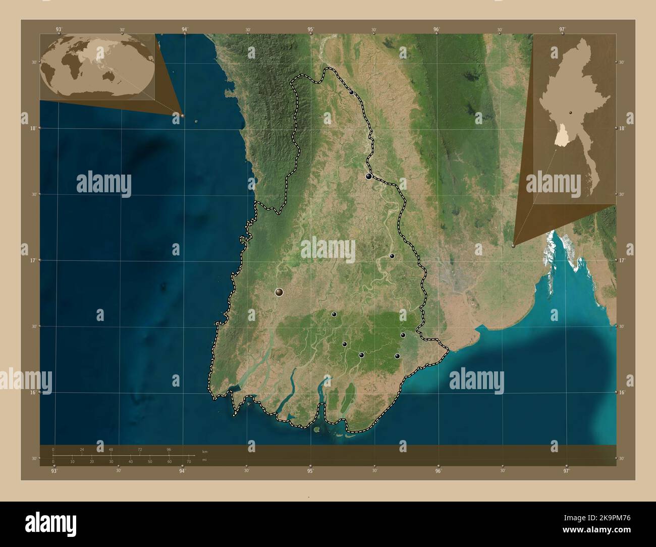Ayeyarwady, division du Myanmar. Carte satellite basse résolution. Lieux des principales villes de la région. Cartes d'emplacement auxiliaire d'angle Banque D'Images