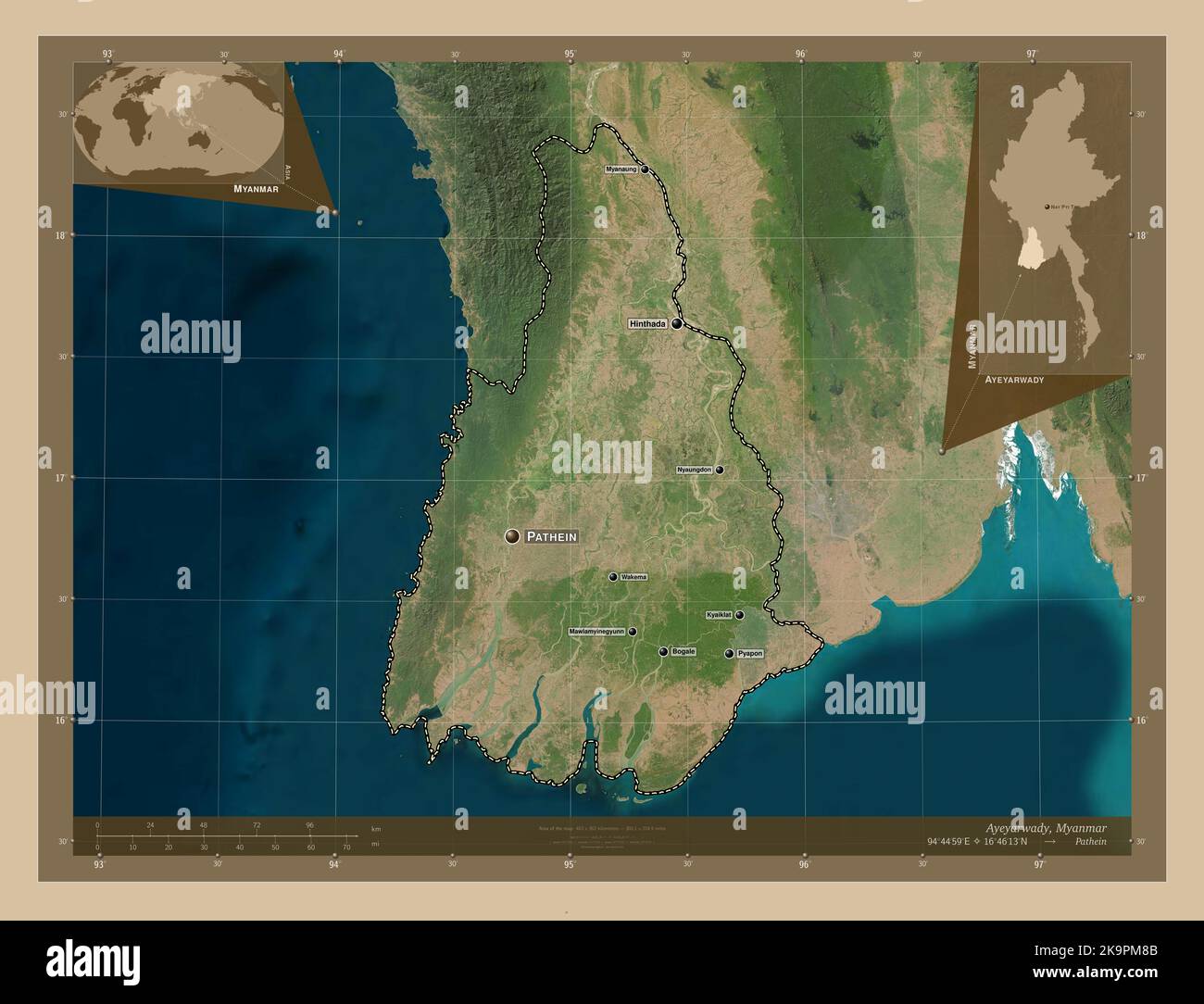Ayeyarwady, division du Myanmar. Carte satellite basse résolution. Lieux et noms des principales villes de la région. Cartes d'emplacement auxiliaire d'angle Banque D'Images