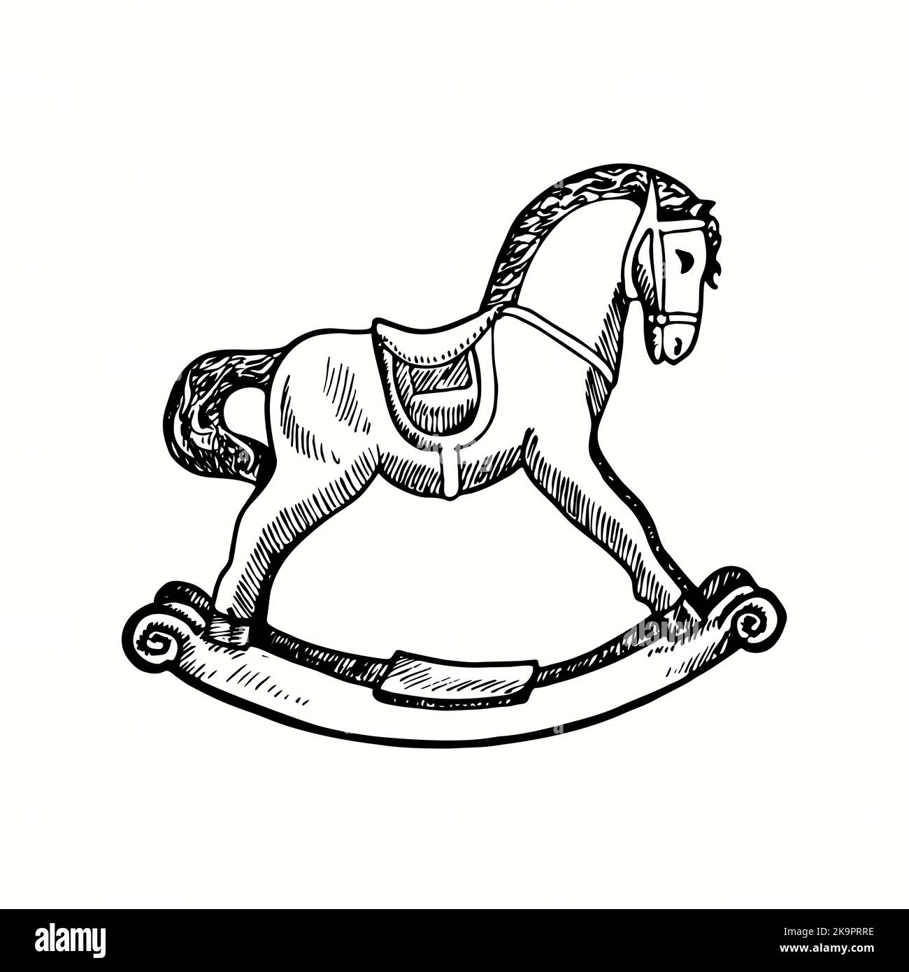 Cheval à bascule, vue latérale. Dessin d'une boisée noire et blanche à l'encre Banque D'Images