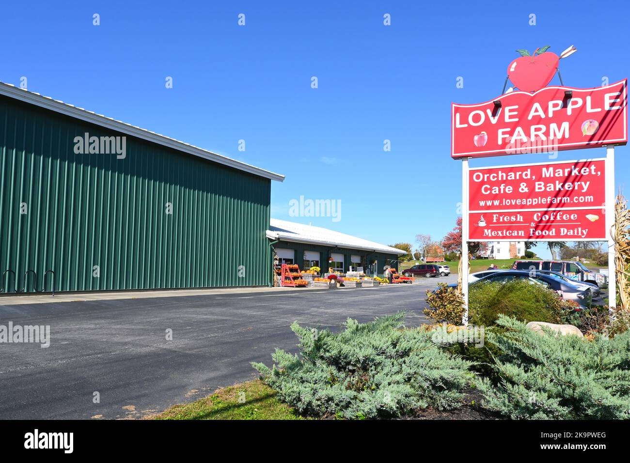 GAND, NEW YORK - 19 octobre 2022 : Love Apple Farm est une ferme de 80 hectares qui cultive également des mûres, des bleuets, des cerises, des groseilles à maquereau, des pêches, p Banque D'Images