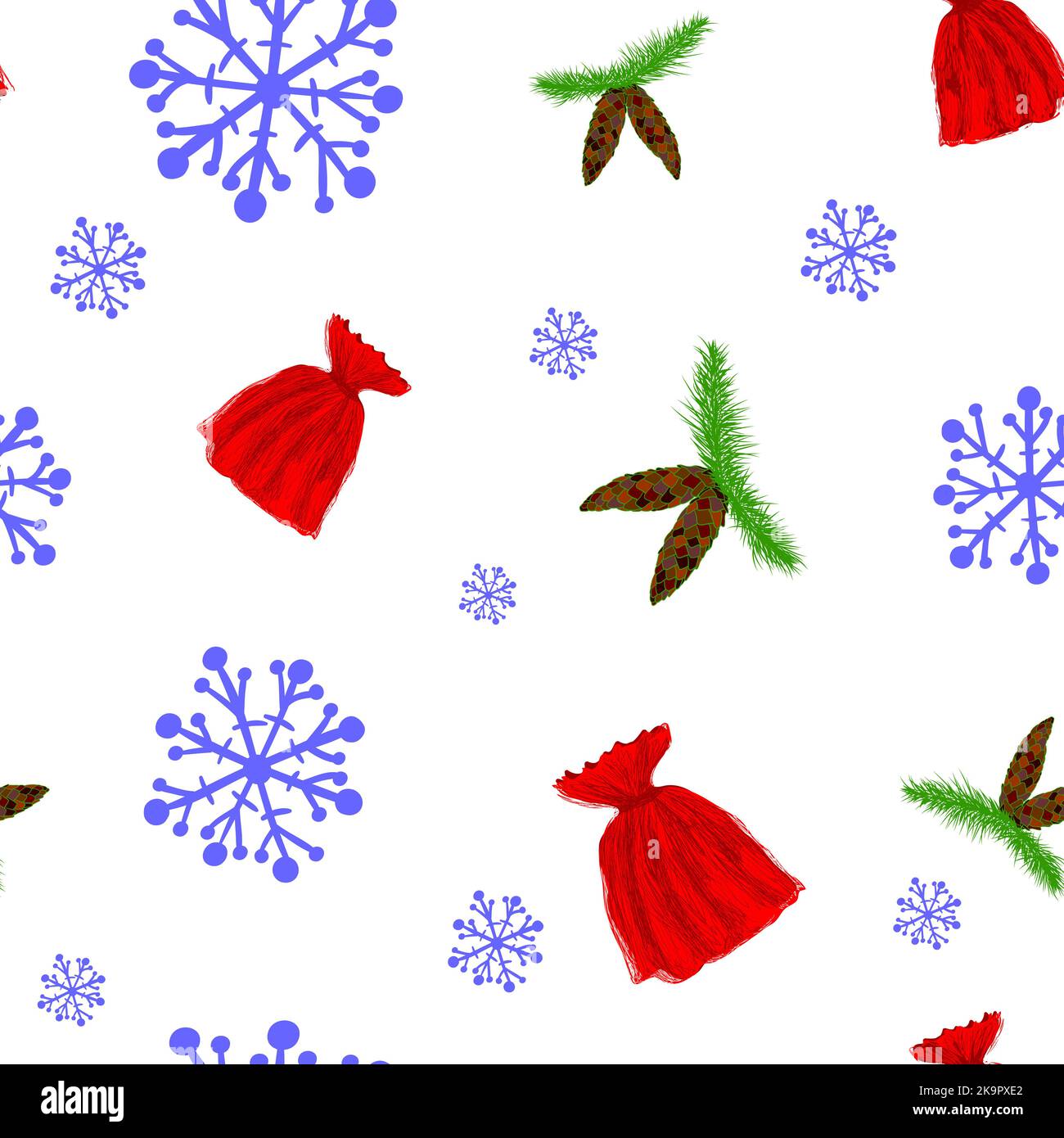 Motif hivernal abstrait sans couture avec flocons de neige, sacs-cadeaux et cônes en sapin. Illustration de Vecteur