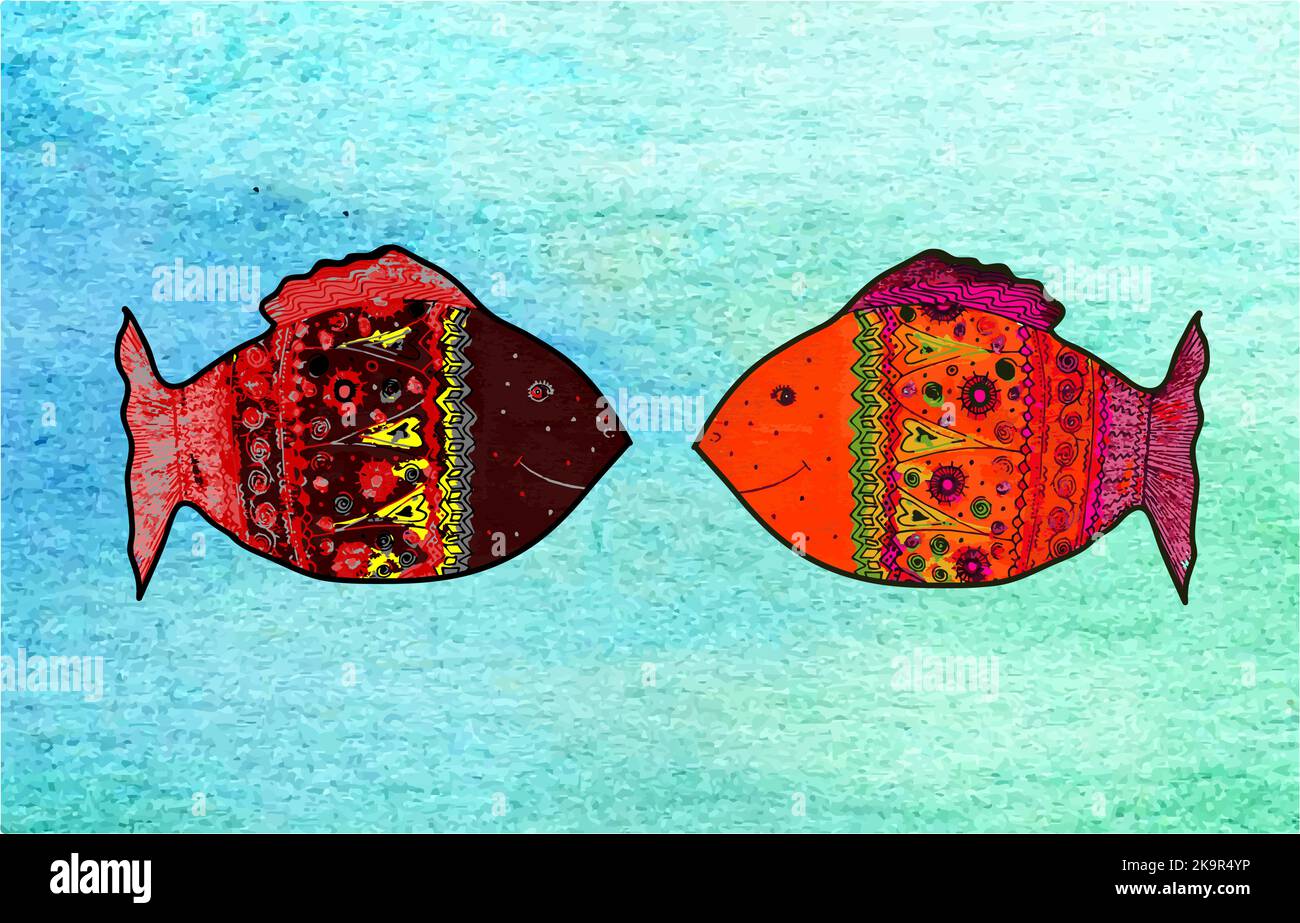 Illustration dessinée à la main de poissons mignons avec ornements Illustration de Vecteur