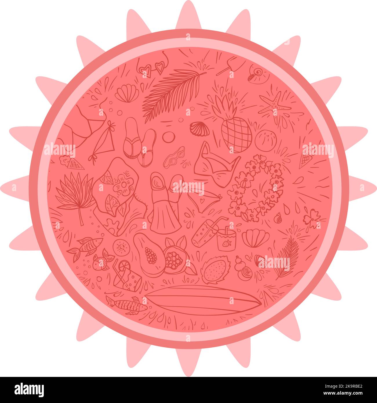 Ensemble d'objets d'été. Éléments dessinés à la main pour les projets de conception. Maillots de bain, boissons, feuilles de palmier, fruits, lunettes de soleil et autres. Illustration de Vecteur