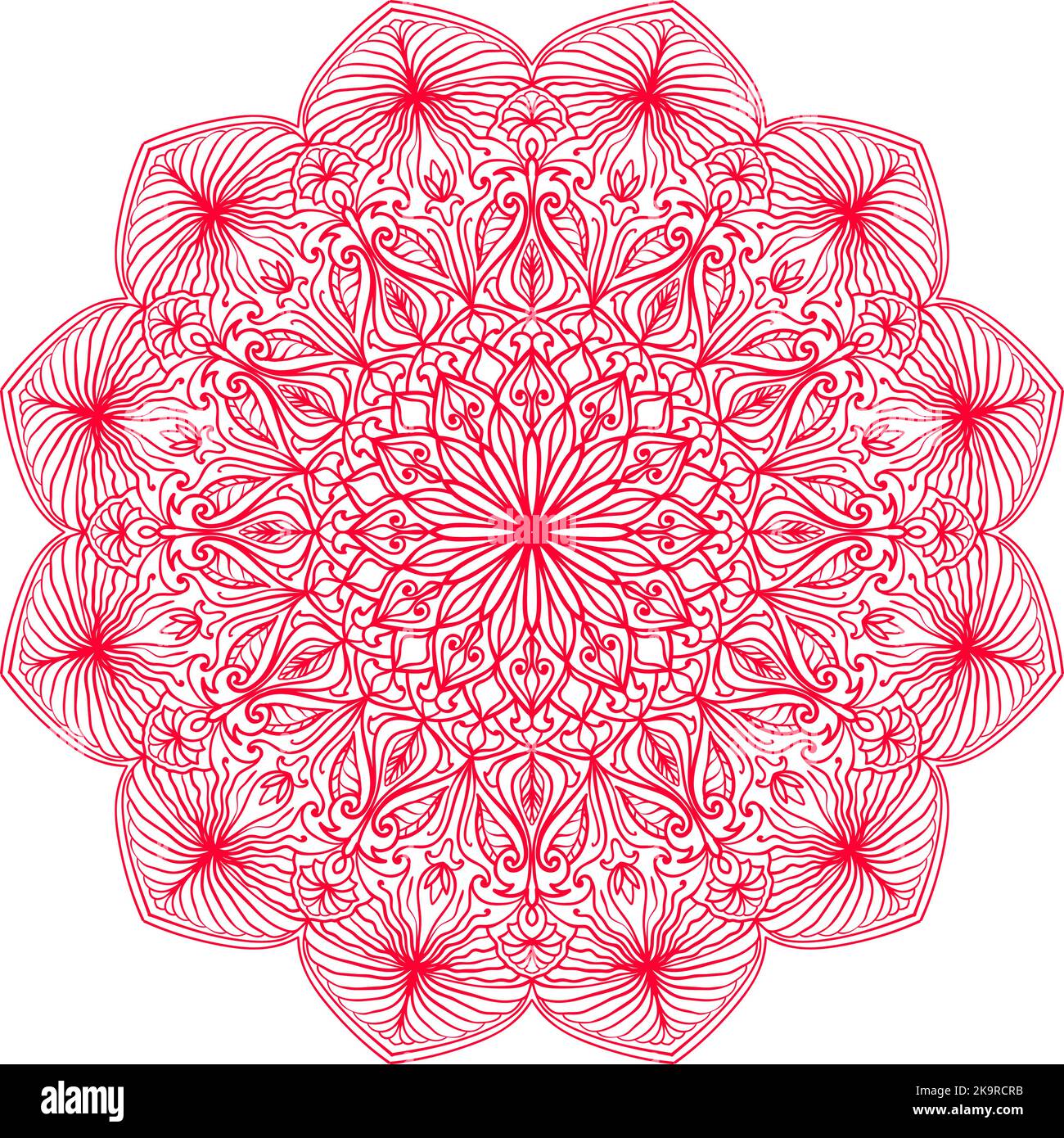 Mandala à l'anses dessinées à la main. Motif ethnique en dentelle ronde avec décoration colorée. Illustration isolée de couleur rose. Illustration de Vecteur