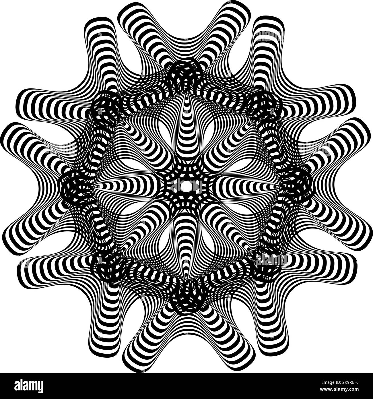 Motif de mandala abstrait stylisé. Décoration décorative ronde. Effet d'illusion optique. Motif torsadé à rayures. Illustration de Vecteur