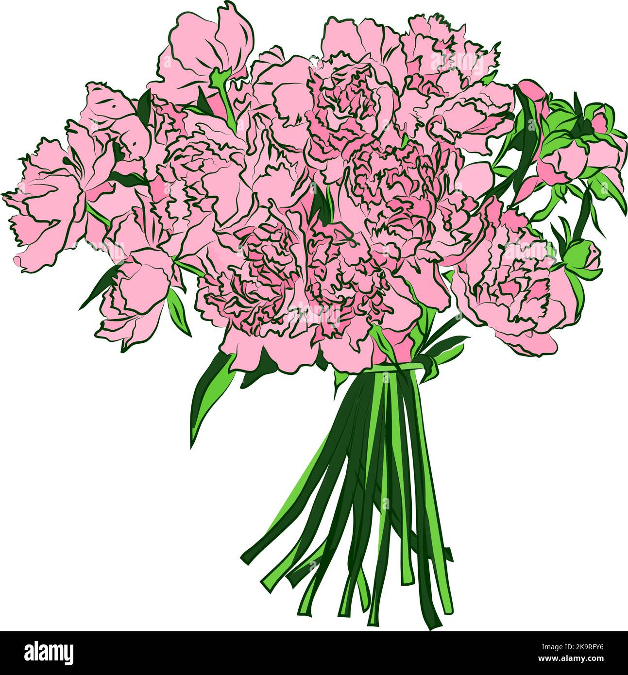Bouquet de fleurs de pivoine. Illustration dessinée à la main sur fond blanc. Illustration de Vecteur
