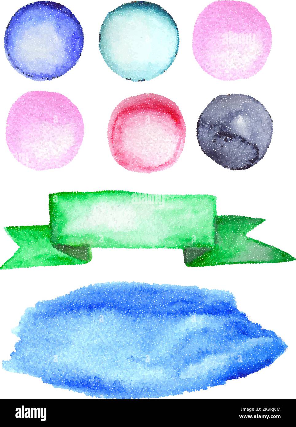 Jeu de formes pointillées. Effet aquarelle. Cercles colorés, taches et ruban. Illustration de Vecteur