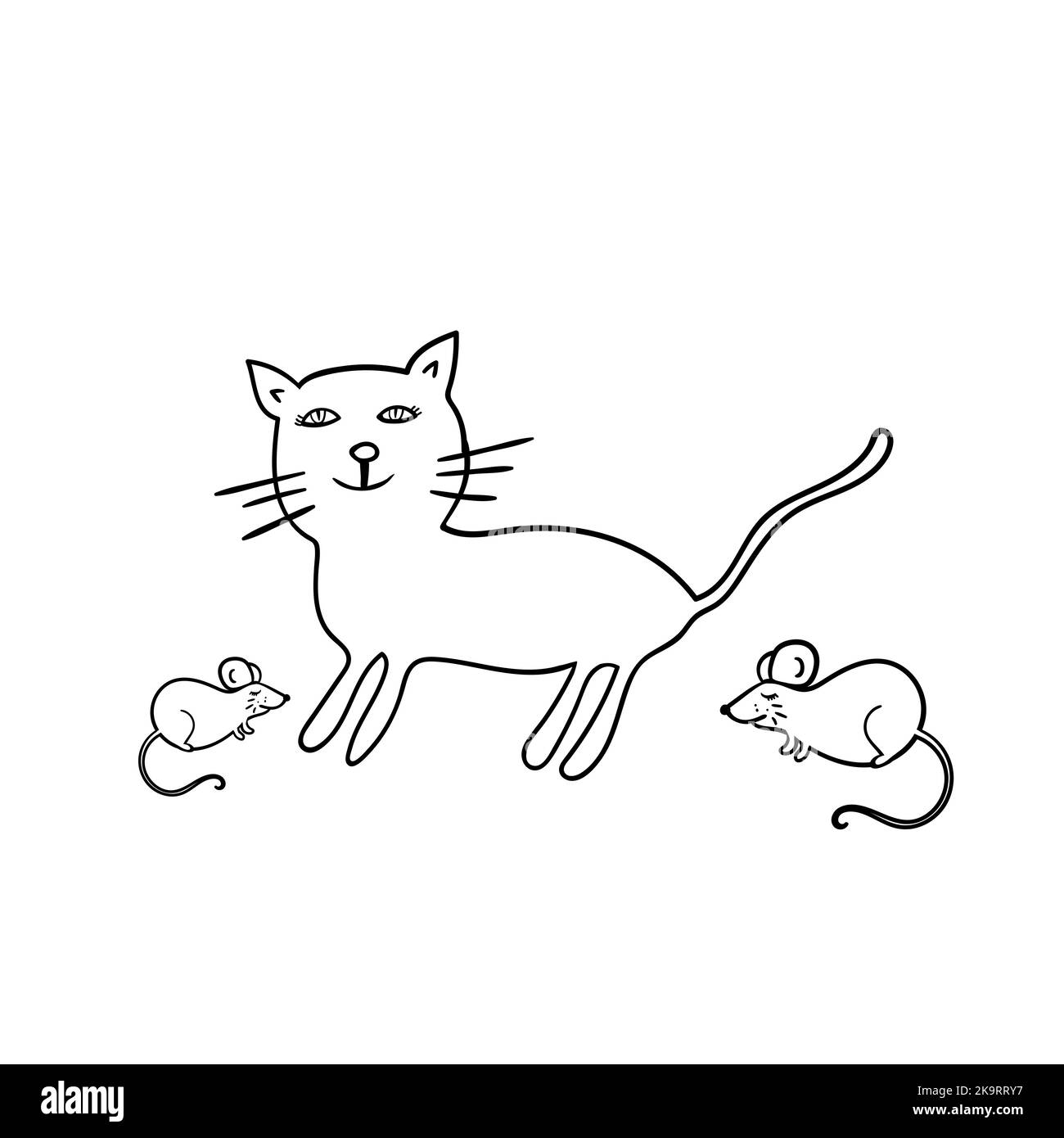 Illustration du chat et de la souris. Animaux amusants de style dessin animé. Éléments de cahier de coloriage. Illustration de Vecteur