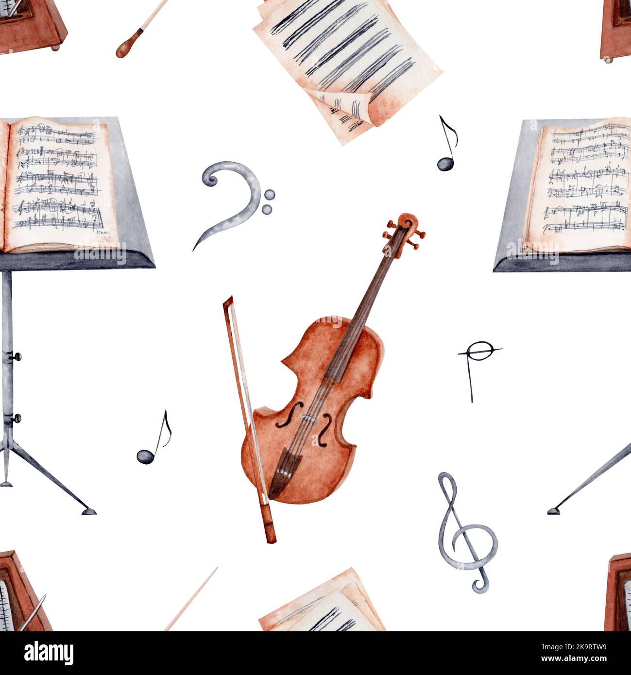 Violon, support musical, Notes et partitions aquarelle motif sans couture sur fond blanc. Pour l'emballage du papier, du tissu et d'autres motifs d'impression Banque D'Images