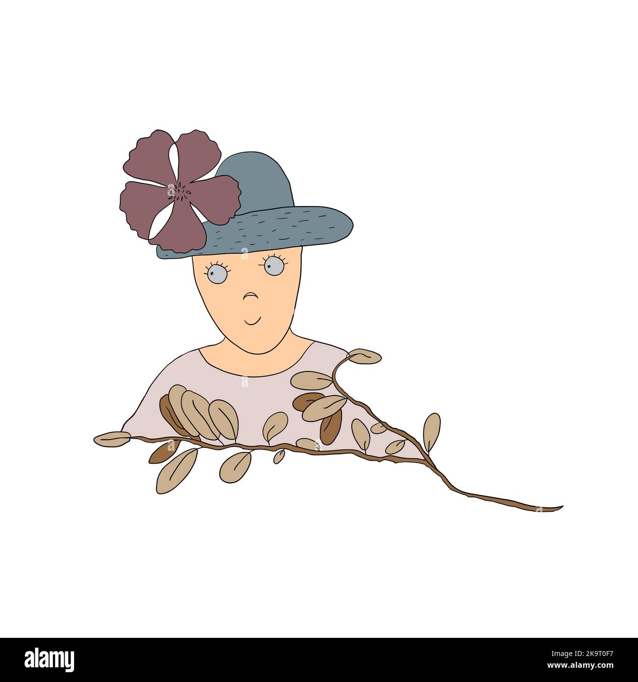 Drôle de style de dessin animé caractère émotionnel dans le chapeau avec fleur. Illustration de Vecteur