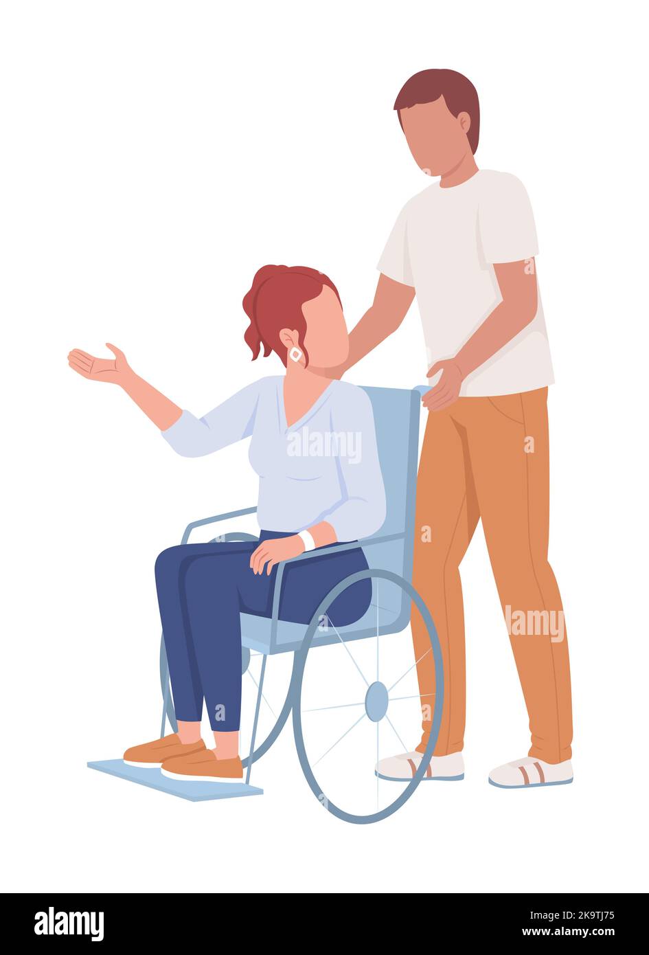 Homme soutient dame sur fauteuil roulant semi-plat couleurs personnages vectoriels Illustration de Vecteur