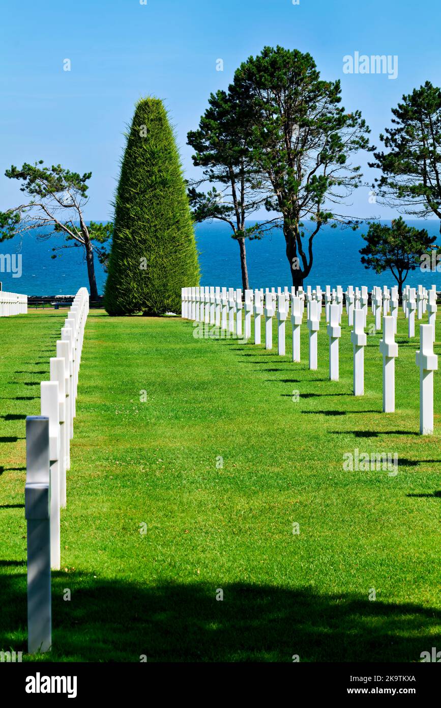 Colleville-sur-Mer. France. Le cimetière et mémorial américain de Normandie. Marqueurs de tombes au cimetière Banque D'Images