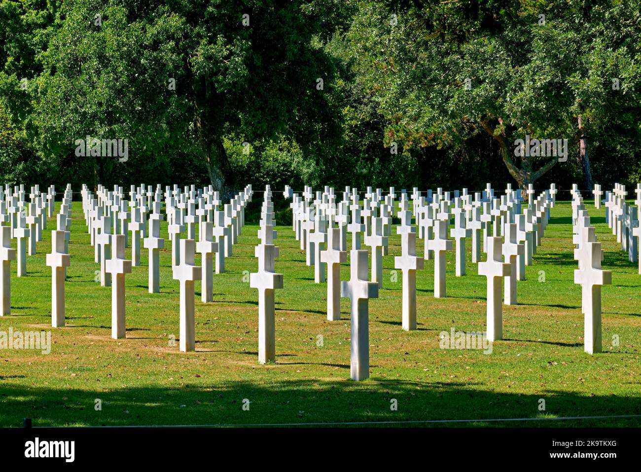 Colleville-sur-Mer. France. Le cimetière et mémorial américain de Normandie. Marqueurs de tombes au cimetière Banque D'Images