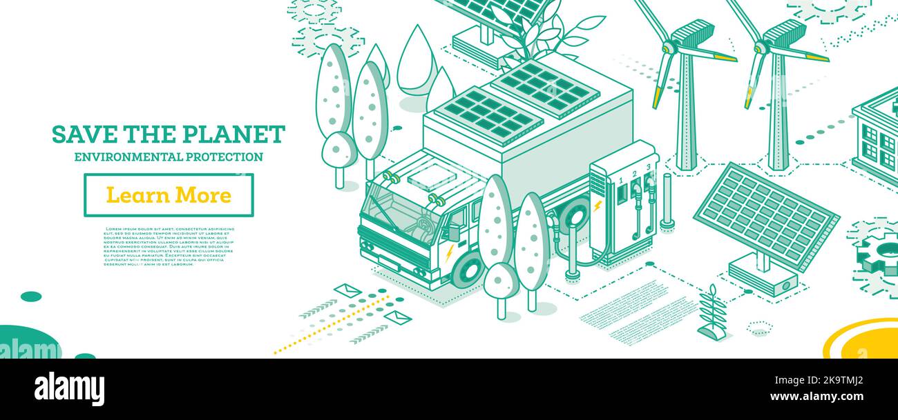 Chariot électrique avec station de charge. Concept de contour isométrique. Panneaux solaires et éoliennes en arrière-plan. Enregistrez le concept Planet. Inconvénients écologiques Illustration de Vecteur