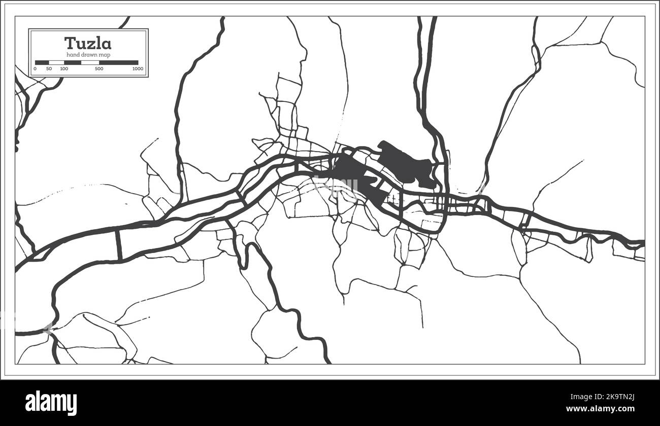 Tuzla Bosnie-Herzégovine carte de la ville en noir et blanc couleur de style rétro isolé sur blanc. Carte de contour. Illustration vectorielle. Illustration de Vecteur