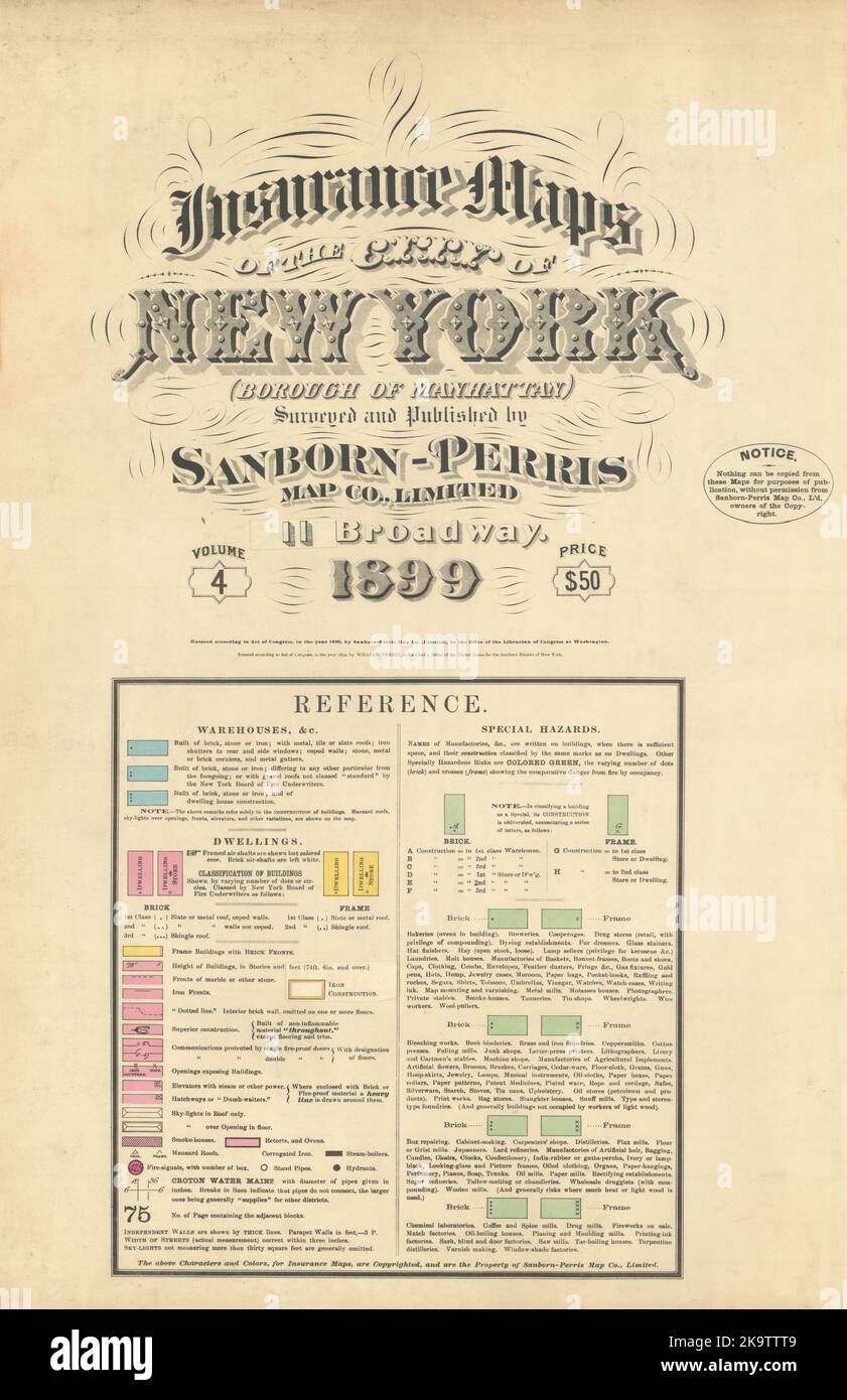 Ville de New York cartes d'assurance vol 4 page titre. Manhattan. SANBORN 1899 Banque D'Images